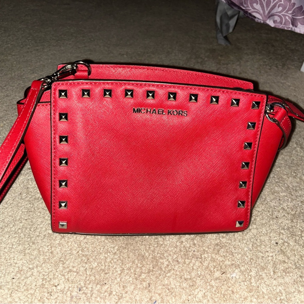 Michael Kors Selma Medium Studded Saffiano Leather Messenger Crossbody Red